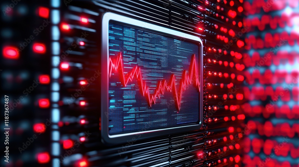 Poster digital pulse graph on display screen with red light background