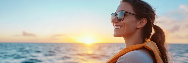 Woman is standing on the beach, smiling and wearing sunglasses