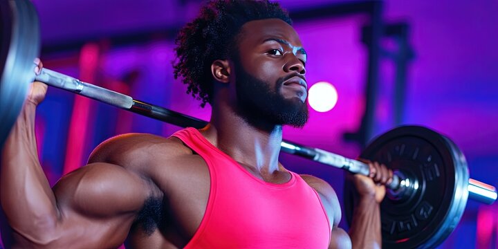 african american man lifting barbell, weightlifter in modern gym -