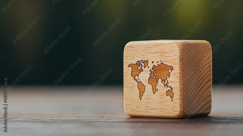 Aufkleber wooden block with engraved world map on rustic table surface