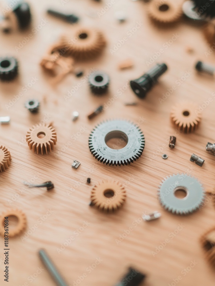 Poster innovative workshop gears and components on wooden table under soft light