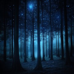 Fototapeta premium Dark forest at night with stars and blue sky, vector illustration.