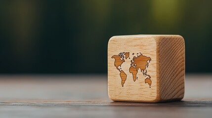 Wooden Block with Engraved World Map on Rustic Table Surface