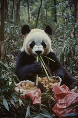 Obraz premium Panda bear is eating bamboo in a forest. The bear is surrounded by food, including some fruits and vegetables. The scene is peaceful and serene