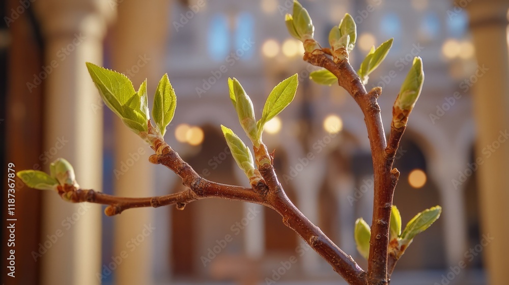 Aufkleber tree branch with green leaves and a light background. the branch is thin and has a few buds