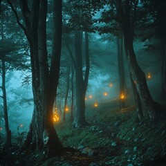 Fototapeta premium Mysterious forest with glowing lanterns in foggy misty night