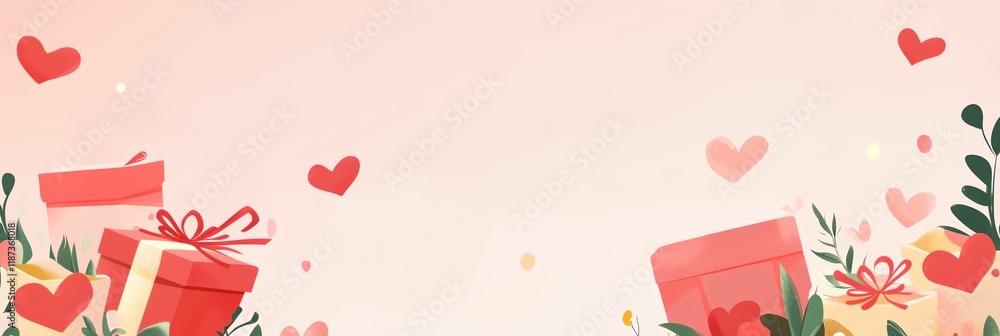 Poster pink background with a bunch of red boxes and hearts