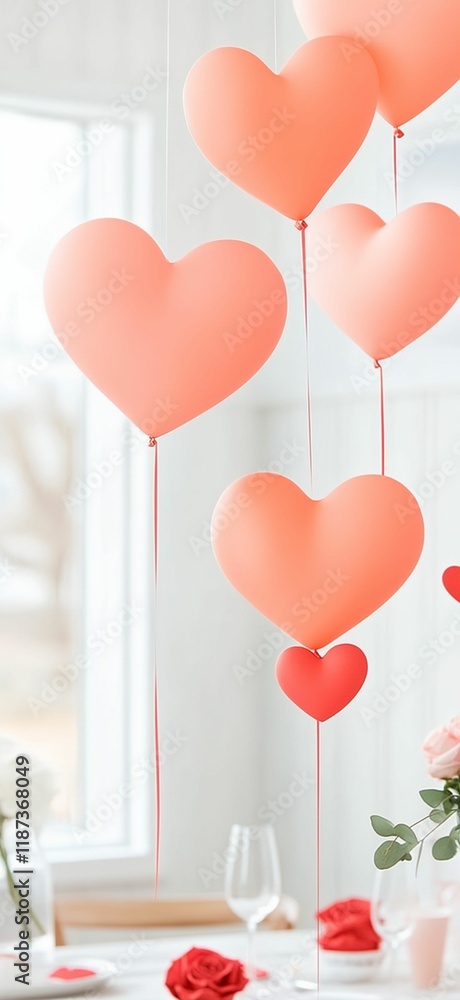 Poster table with a bunch of balloons in the shape of hearts. there are also some flowers on the table