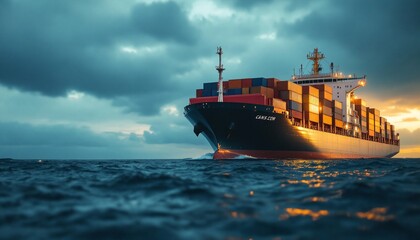 Cargo container ship sailing on stormy sea under dramatic cloudy sky. Global trade, maritime logistics, and freight transportation concept with copy space