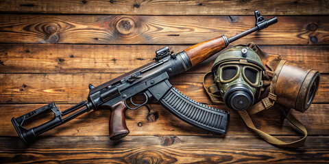 Obraz premium A classic rifle rests alongside a gas mask on a textured wooden surface, highlighting military artifacts and survival preparations from a past era