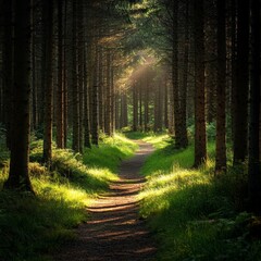 Obraz premium Path in the forest with sun rays through the trees. Nature background.