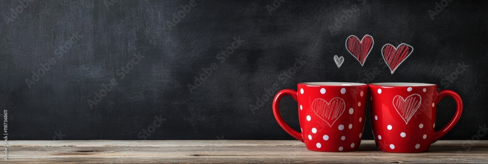 Poster two red mugs adorned with white polka dots and hearts resting on a rustic wooden table, set against 