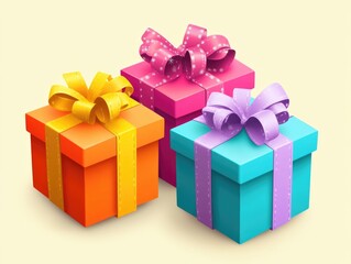 Fototapeta premium Three colorful boxes with ribbons on top, one is blue, one is pink and one is orange