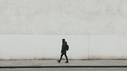 Person walking alone on sidewalk near a large white wall.