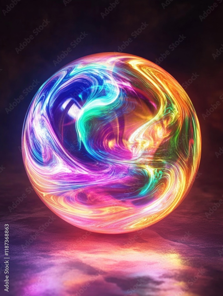 Poster colorful sphere with a rainbow swirls around it. the sphere is illuminated and he is floating in the