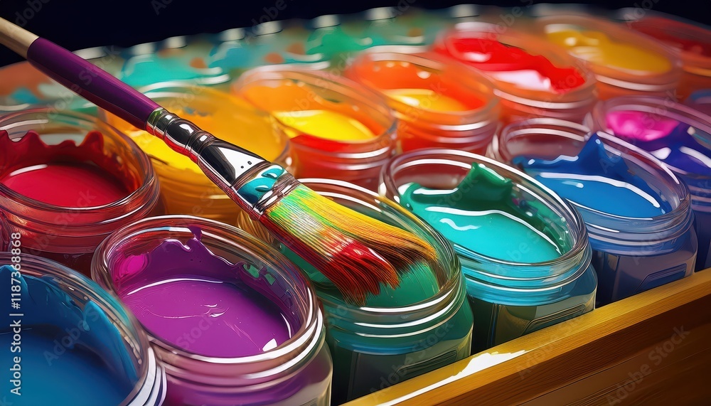 Poster vibrant palette of artists brushes and paints spread across a colorful landscape, creating a dynamic
