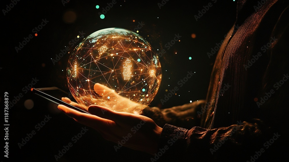 Aufkleber man holding holographic globe with interconnected nodes and lines
