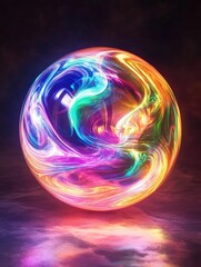 Colorful sphere with a rainbow swirls around it. The sphere is illuminated and he is floating in the air. The colors are vibrant and the swirls are dynamic, creating a sense of movement and energy