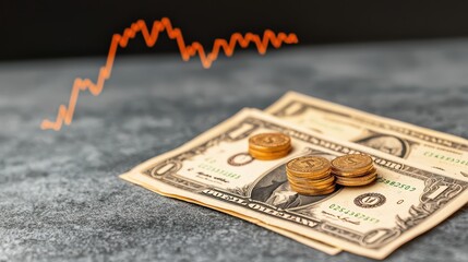 Money Bills and Coins with Financial Graph in Background