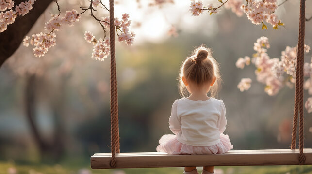 Child enjoying a peaceful moment on a swing under blooming cherry blossoms in a tranquil park setting