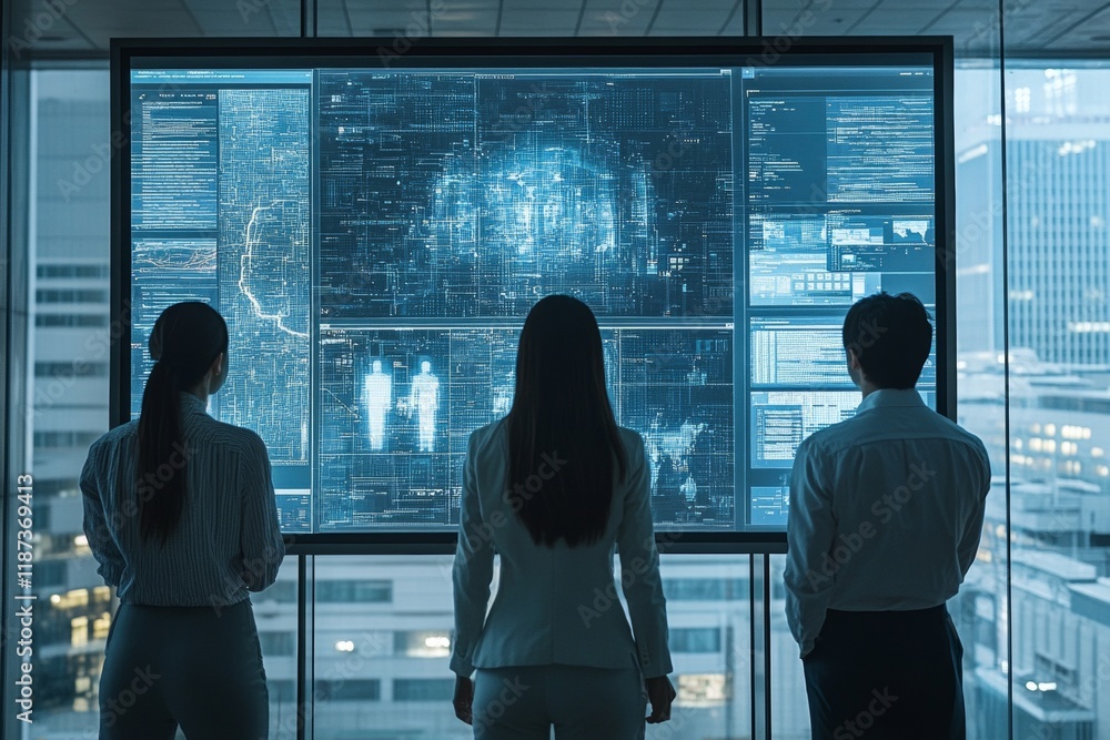 Poster corporate meeting room analyzing data security in a corporate meeting room with diverse professional