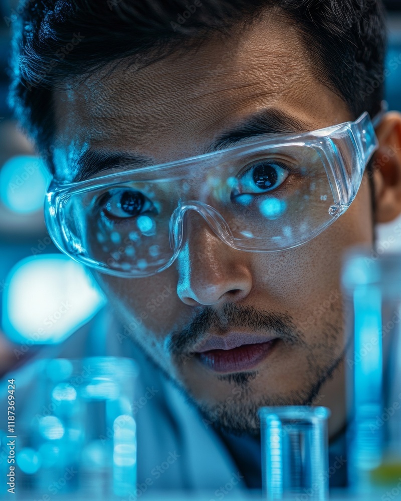 Poster focused scientist analyzing virus sample in modern laboratory
