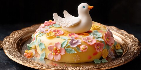 Cake with a bird on top of it. The bird is white and has blue eyes. The cake is decorated with flowers and has a yellow base