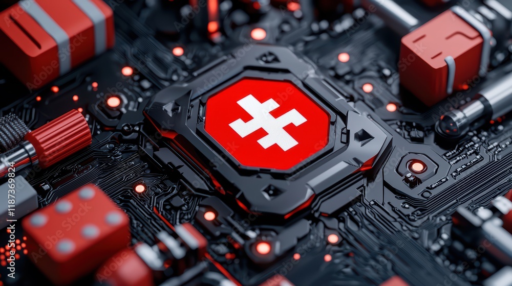 Poster abstract close-up of circuit board with red and black design elements