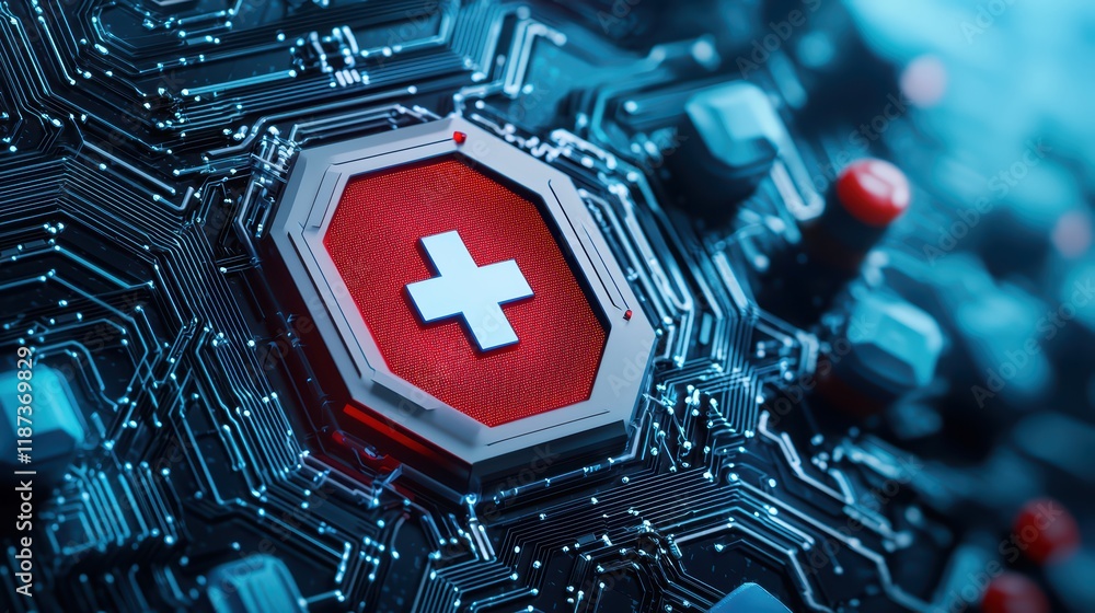 Poster red cross symbol on circuit board background in digital technology