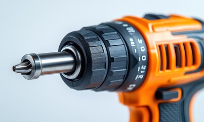 Close-up orange cordless drill, metal bit.