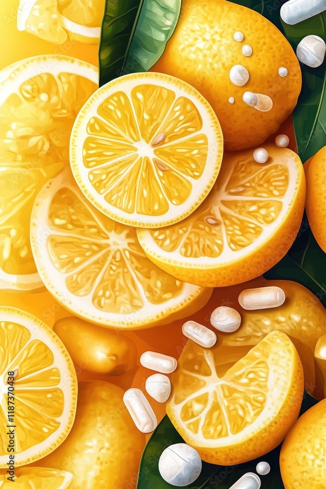 Poster painting of a bunch of oranges and pills. the oranges are sliced and arranged in a way that they loo
