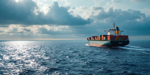 Fototapeta premium Cargo ship sailing on open sea under cloudy sky. Global trade, maritime transport, logistics concept. Ocean freight, international shipping, export import business