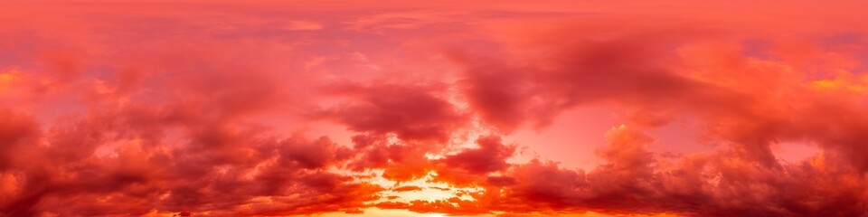 360 panorama of glowing sunset sky with bright pink Cirrus clouds. HDR 360 seamless spherical panorama. Full zenith or sky dome sky replacement for aerial drone panoramas. Climate and weather change.