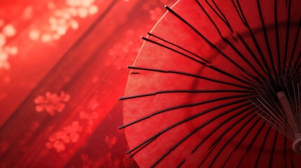 Close-up of a red paper parasol against a red floral background.