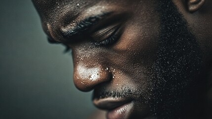 Obraz premium A close-up of a man's face with his eyes closed and covered black substance on his nose