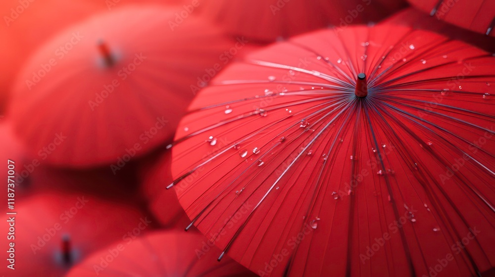 Poster close-up of red umbrellas with water droplets, creating a vibrant and textured image.