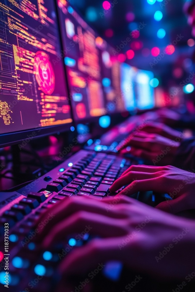 Aufkleber Cybersecurity Collaboration Hands on Keyboards in Ambient Light for Data Analysis