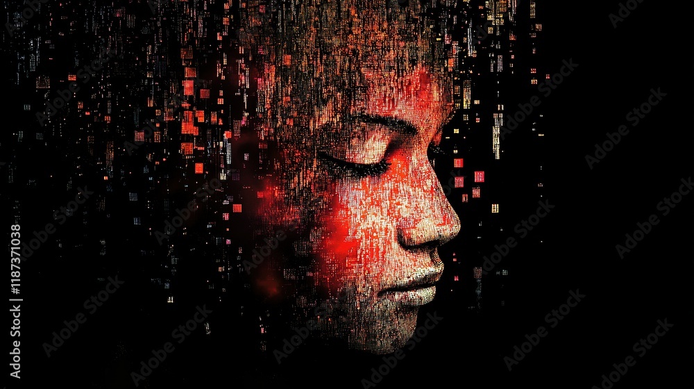 Poster abstract face composed of data representing artificial intelligence concepts