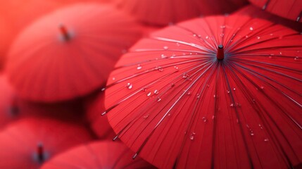 Close-up of red umbrellas with water droplets, creating a vibrant and textured image.