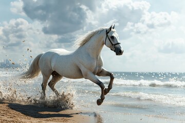 A white horse runs swiftly along the ocean shore, kicking up splashes of water with each stride. The backdrop features gentle waves and a cloudy sky, creating a serene atmosphere