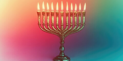 Lit menorah with nine candles on it. The candles are lit and the menorah is on a purple background