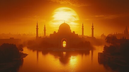 Naklejka premium Mosque at sunset on a lake with city silhouette.