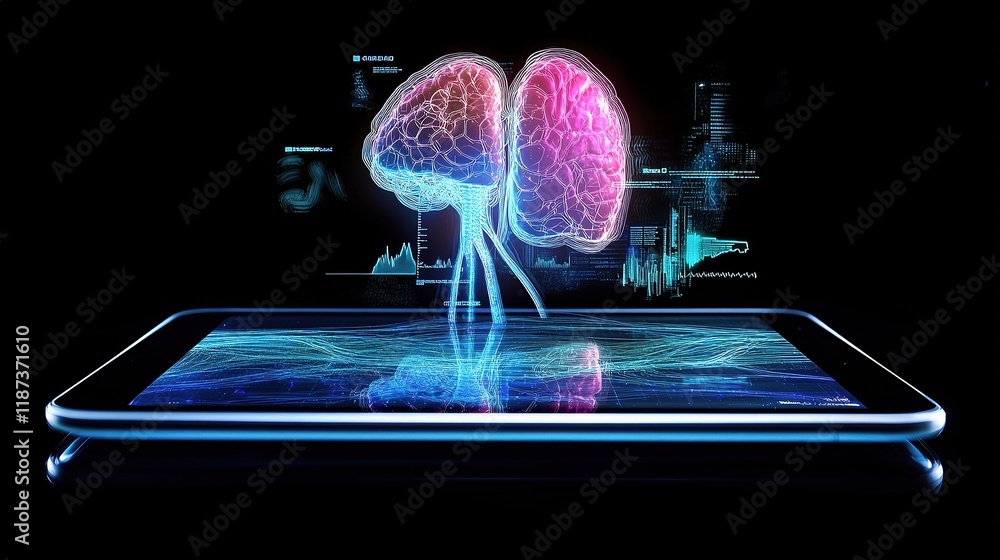 Poster using digital tablet with futuristic holographic display concept