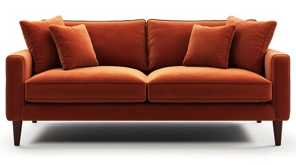 Modern sofa in warm terracotta with deep, plush cushions and a low-profile design 