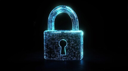 Glowing Blue 3D Digital Padlock Symbol with Abstract Lines