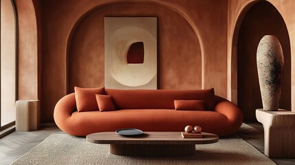 Modern sofa in warm terracotta with deep, plush cushions and a low-profile design 