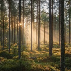 Obraz premium Misty morning in the pine forest. Sunrise in the forest.