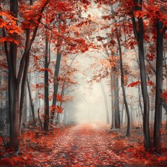 Obraz premium Autumn forest in the mist with a path leading to the sun