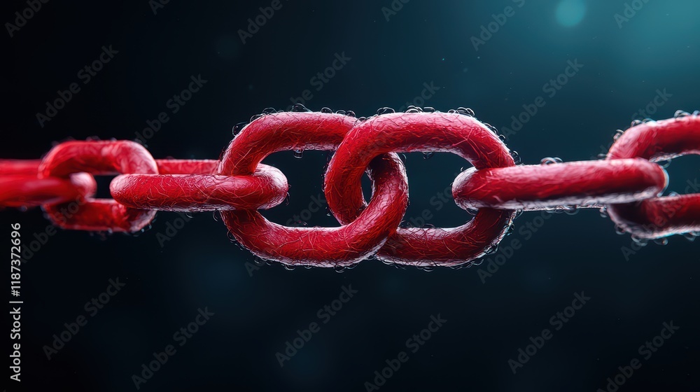 Poster close-up of a red chain link against dark background with bubbles