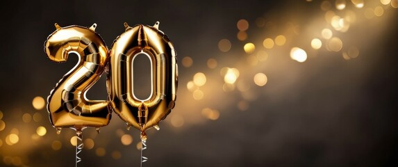 Golden foil balloons with the number 20 float against a dark background filled with soft, sparkling lights, symbolizing a birthday celebration. Narrow festive banner, space for text